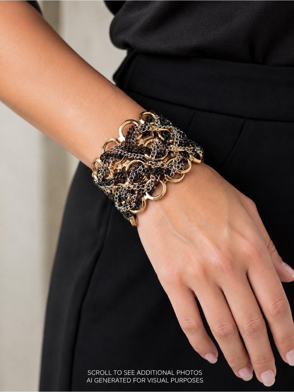Wide Gold-Tone Black & Silver Chain Mesh Open Cuff Statement Bracelet
